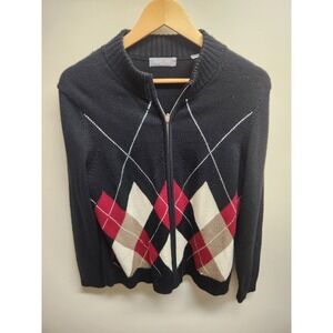 Kate Hill Petite Black Argyle Zip Up‎ Sweater Cardigan Women's